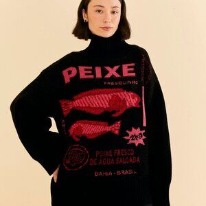 Farm Rio Black Mockneck Fish Sweater